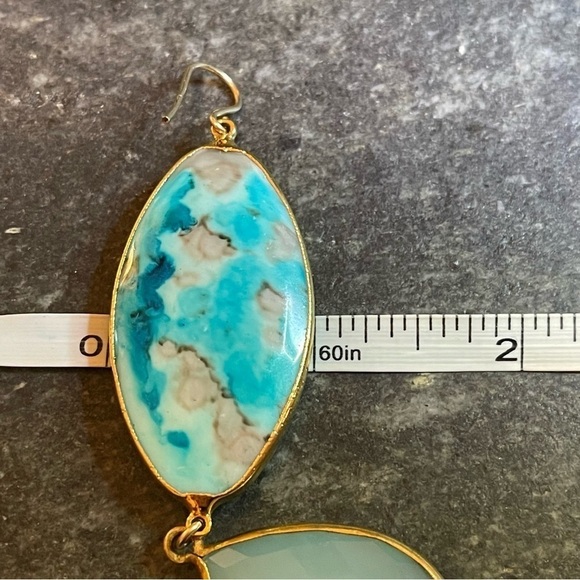 10K Gold Plated Stained Oval Shell Drop Earrings With Sage Glass Teardrop Dangle - Picture 6 of 9